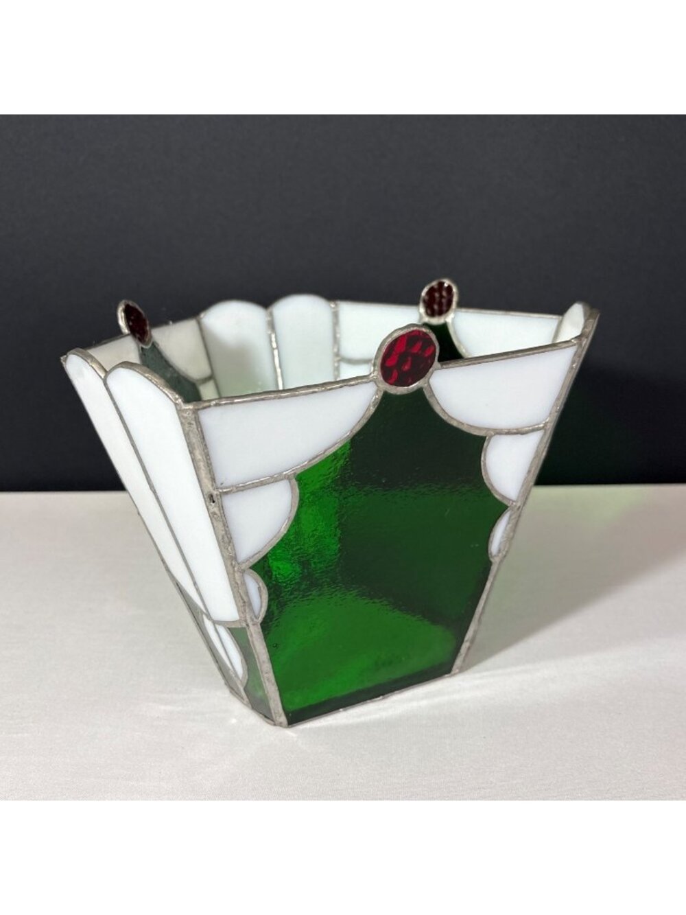 Stained Vintage Candle Holder Planter Handcrafted Acrylic Green White Red Decor - Picture 3 of 10